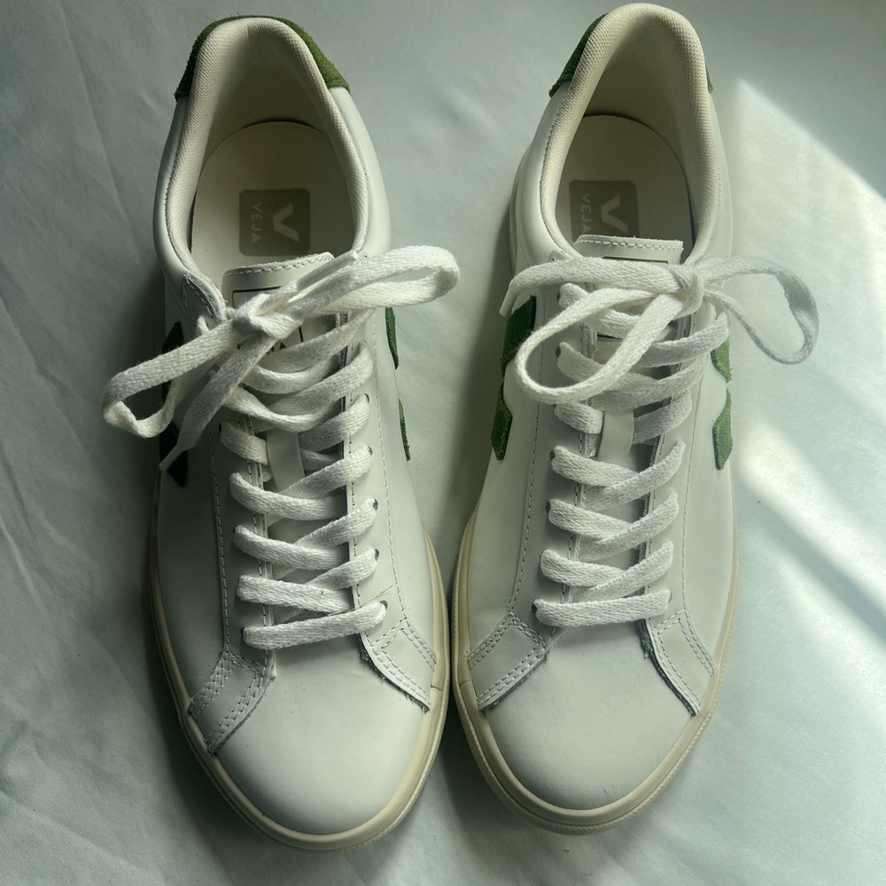 Veja White Leather Sneakers with Green V Accents
